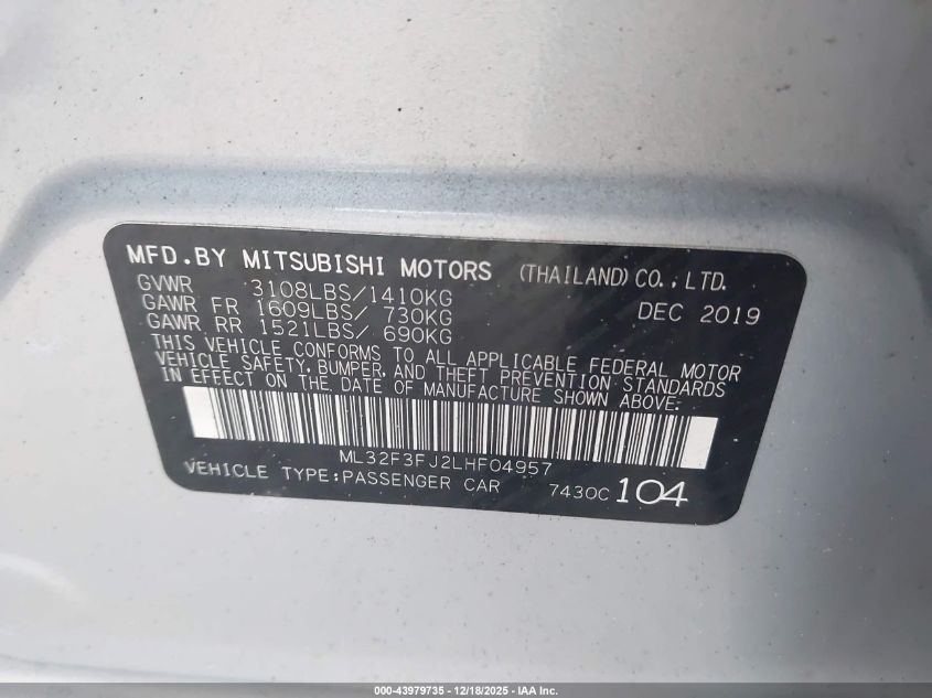 2020 Mitsubishi Mirage G4 Es VIN: ML32F3FJ2LHF04957 Lot: 43979735