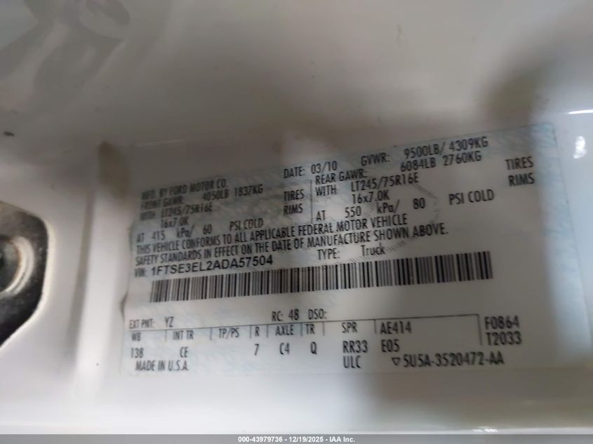 2010 Ford E-350 Super Duty Commercial/Recreational VIN: 1FTSE3EL2ADA57504 Lot: 43979736