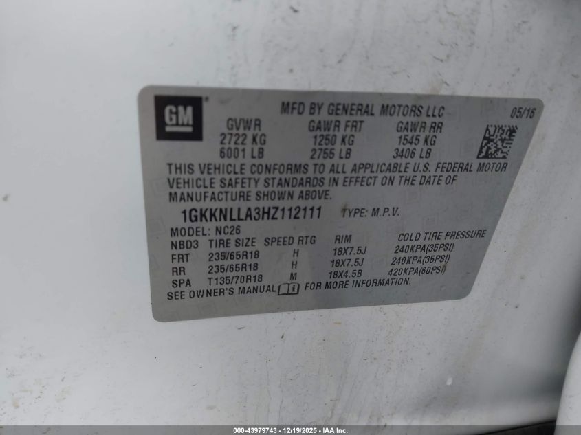 2017 GMC Acadia Sle-2 VIN: 1GKKNLLA3HZ112111 Lot: 43979743