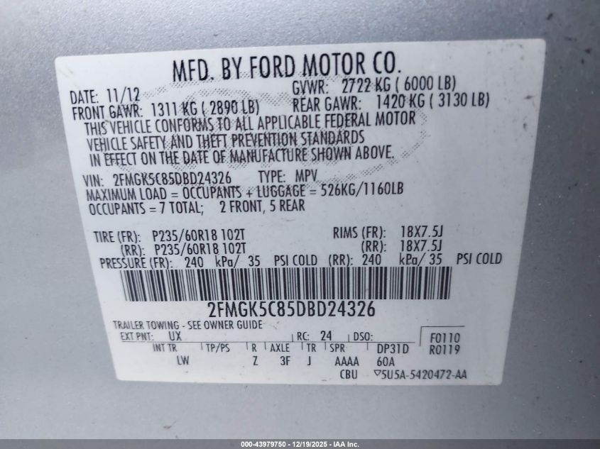 2013 Ford Flex Sel VIN: 2FMGK5C85DBD24326 Lot: 43979750