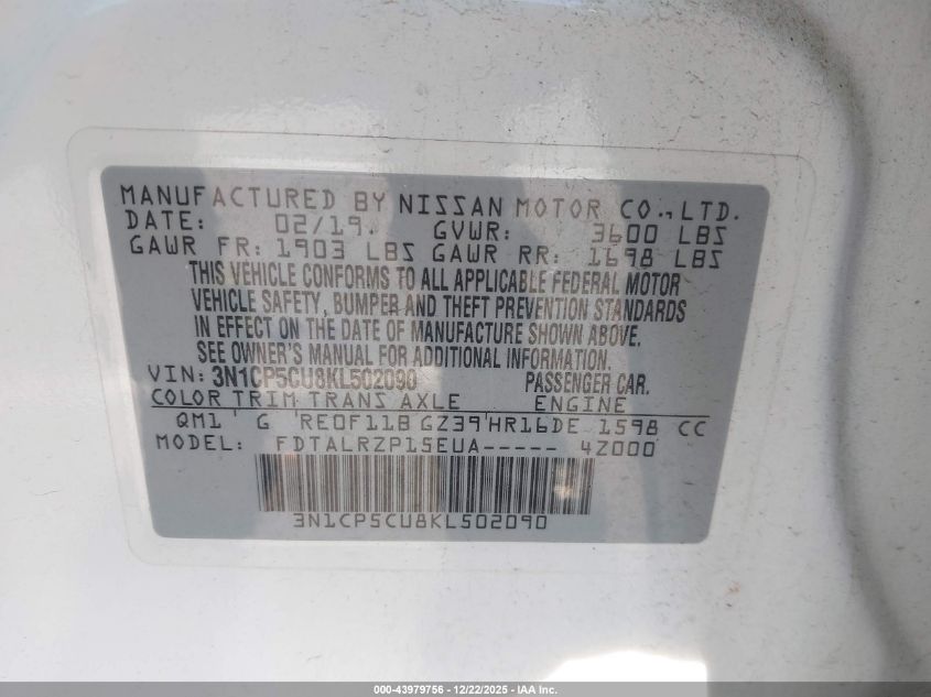 2019 Nissan Kicks S VIN: 3N1CP5CU8KL502090 Lot: 43979756