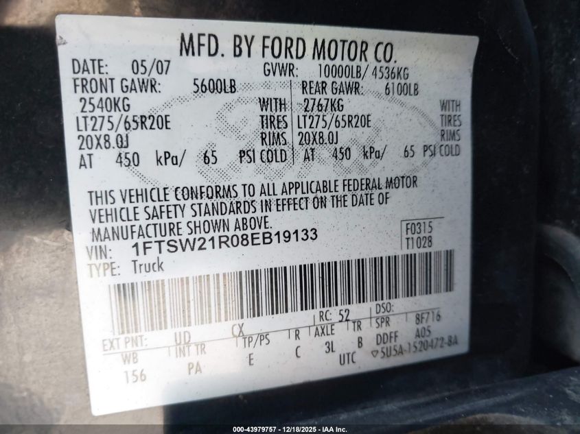 2008 Ford F-250 Fx4/Harley-Davidson/King Ranch/Lariat/Xl/Xlt VIN: 1FTSW21R08EB19133 Lot: 43979757