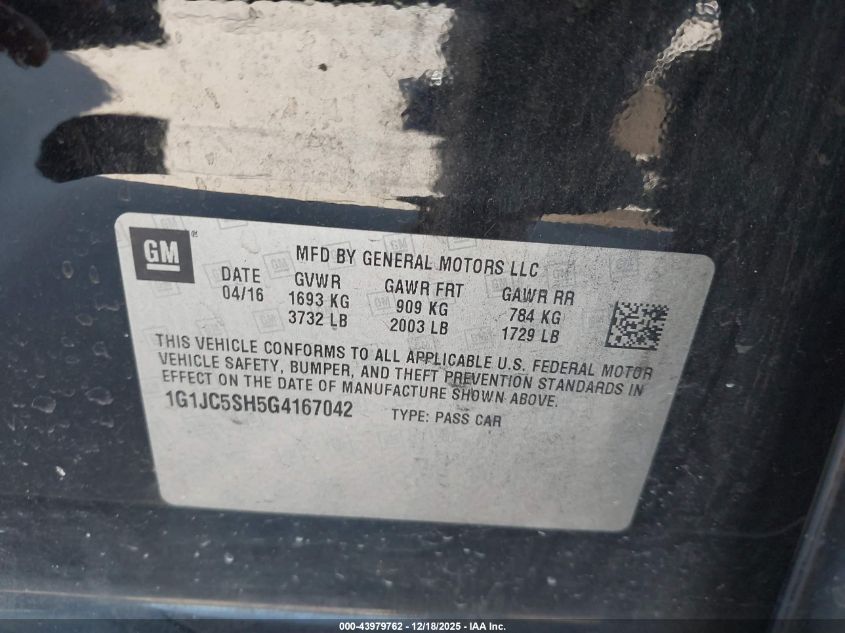2016 Chevrolet Sonic Lt Auto VIN: 1G1JC5SH5G4167042 Lot: 43979762