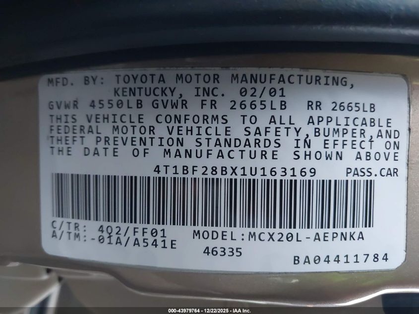 2001 Toyota Avalon Xl VIN: 4T1BF28BX1U163169 Lot: 43979764