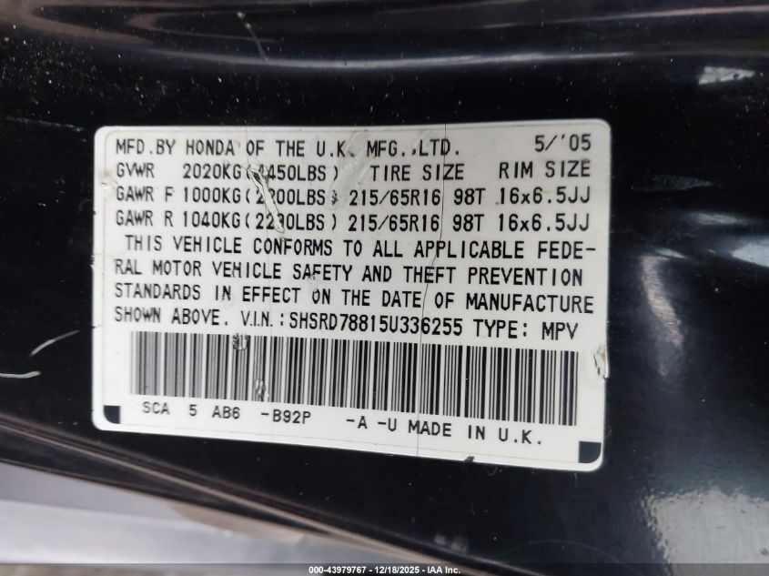 2005 Honda Cr-V Ex VIN: SHSRD78815U336255 Lot: 43979767