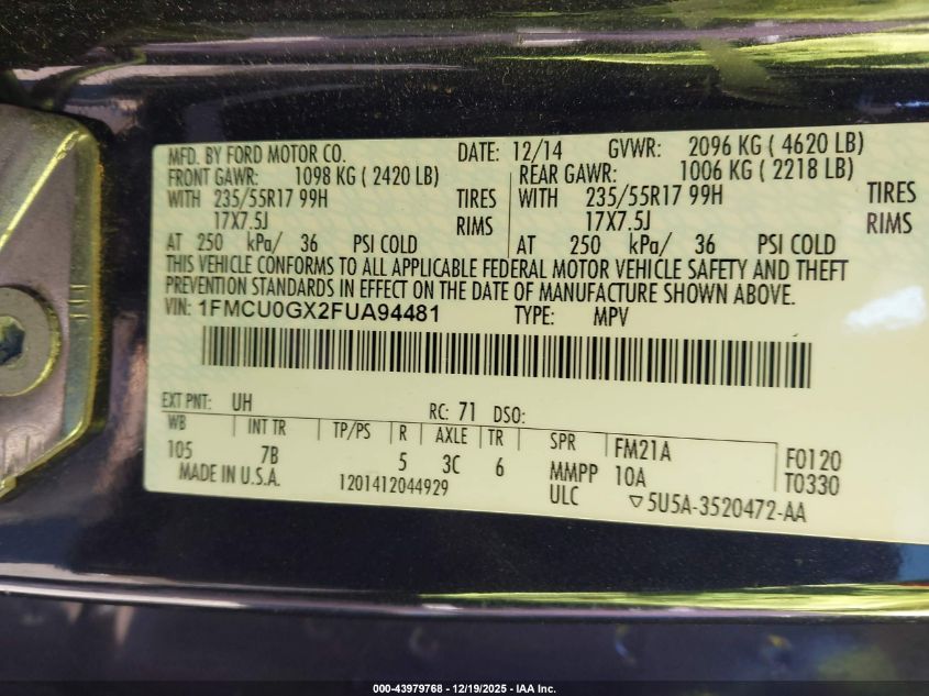 2015 Ford Escape Se VIN: 1FMCU0GX2FUA94481 Lot: 43979768