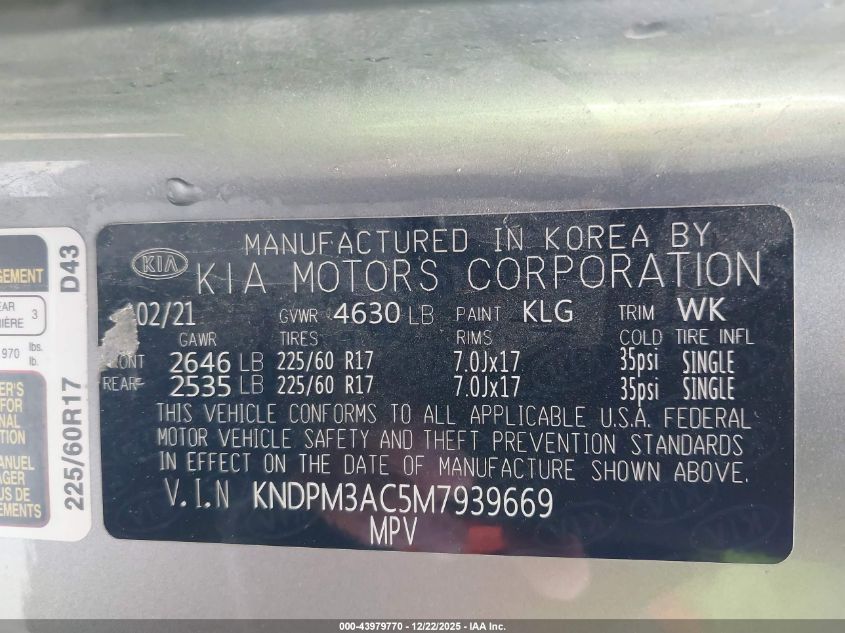 2021 Kia Sportage Lx VIN: KNDPM3AC5M7939669 Lot: 43979770