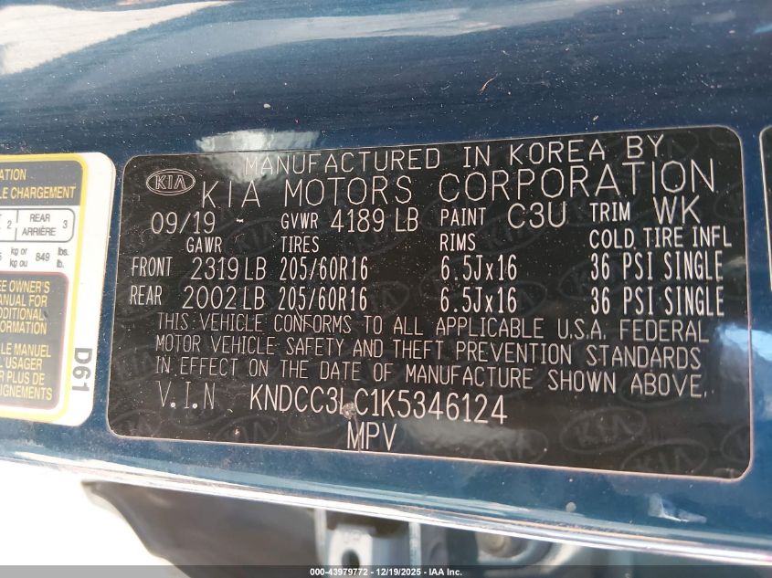 2019 Kia Niro Ex VIN: KNDCC3LC1K5346124 Lot: 43979772