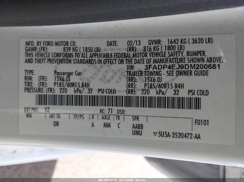 2013 Ford Fiesta Se VIN: 3FADP4EJ9DM200681 Lot: 43979774