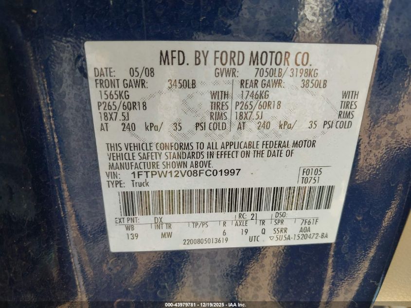 2008 Ford F-150 60Th Anniversary/Fx2/King Ranch/Lariat/Xlt VIN: 1FTPW12V08FC01997 Lot: 43979781