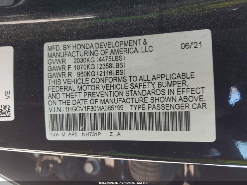 2021 Honda Accord Sport VIN: 1HGCV1F30MA085199 Lot: 43979786