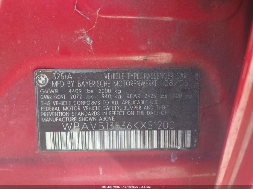 2006 BMW 325I VIN: WBAVB13536KX51200 Lot: 43979787