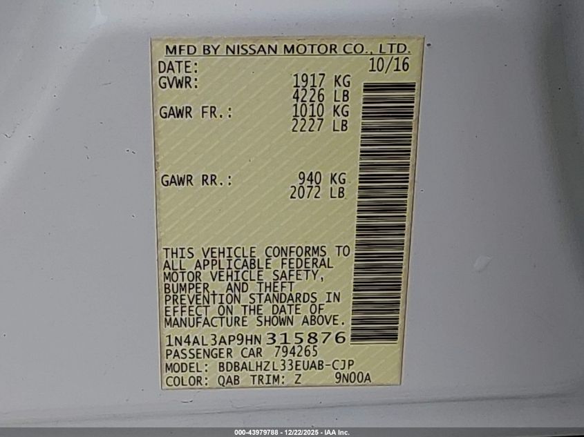 2017 Nissan Altima 2.5 Sr VIN: 1N4AL3AP9HN315876 Lot: 43979788