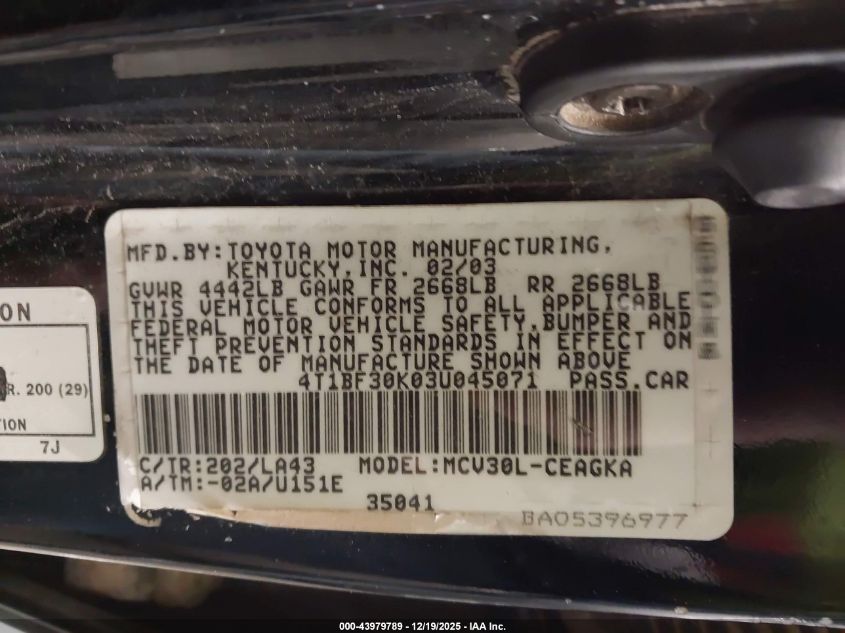 2003 Toyota Camry Xle V6 VIN: 4T1BF30K03U045071 Lot: 43979789