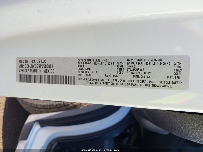 2023 Ram Promaster 2500 High Roof 159 Wb VIN: 3C6LRVDG9PE588884 Lot: 43979793