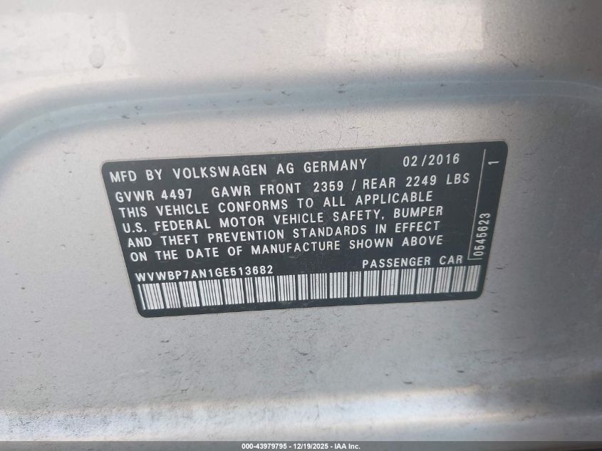 2016 Volkswagen Cc 2.0T Trend VIN: WVWBP7AN1GE513682 Lot: 43979795