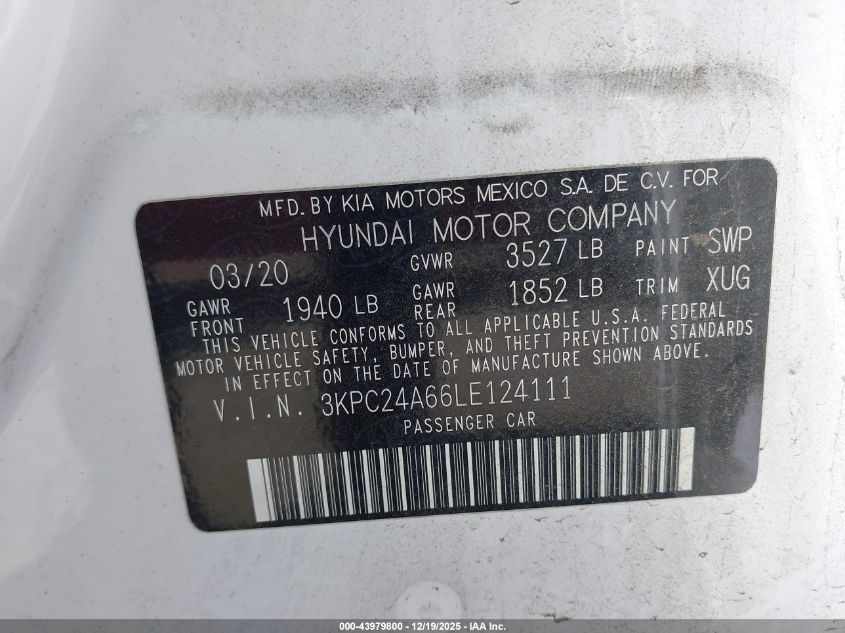 2020 Hyundai Accent Se VIN: 3KPC24A66LE124111 Lot: 43979800