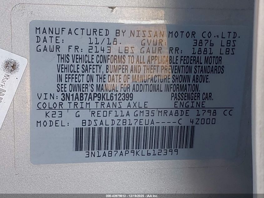 2019 Nissan Sentra Sv VIN: 3N1AB7AP9KL612399 Lot: 43979812