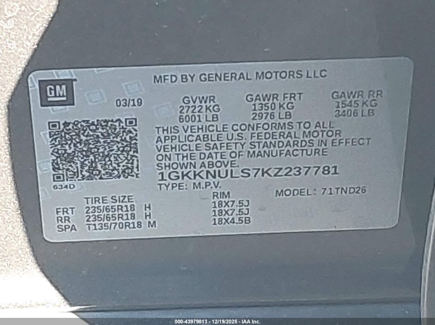 2019 GMC Acadia Slt-1 VIN: 1GKKNULS7KZ237781 Lot: 43979813