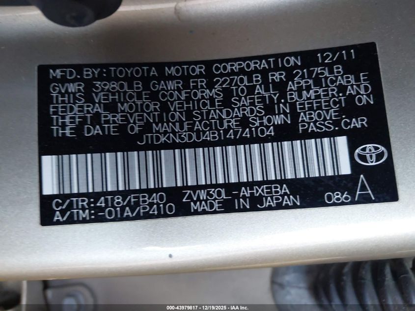 2011 Toyota Prius Two VIN: JTDKN3DU4B1474104 Lot: 43979817