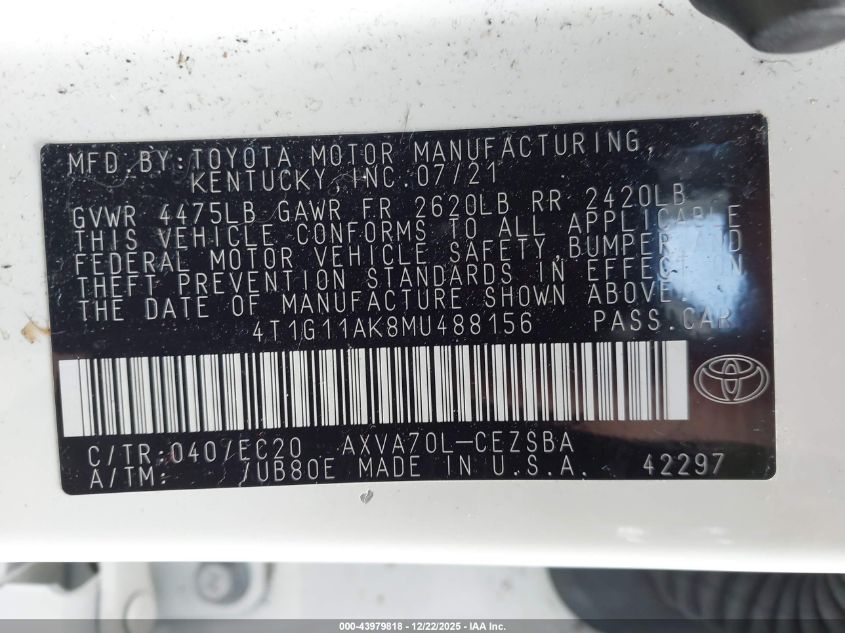 2021 Toyota Camry Se Nightshade Edition VIN: 4T1G11AK8MU488156 Lot: 43979818