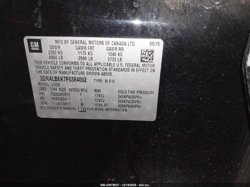 2015 Chevrolet Equinox 1Lt VIN: 2GNALBEK7F6384092 Lot: 43979821