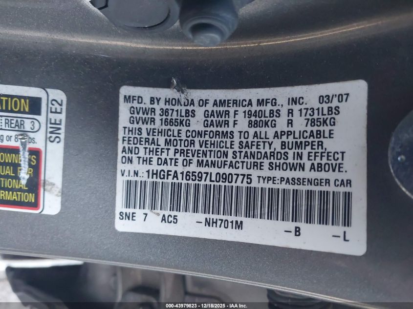 2007 Honda Civic Lx VIN: 1HGFA16597L090775 Lot: 43979823