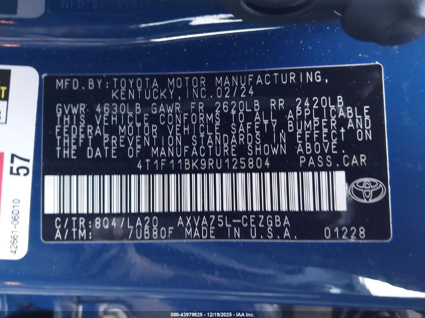 2024 Toyota Camry Xle VIN: 4T1F11BK9RU125804 Lot: 43979825