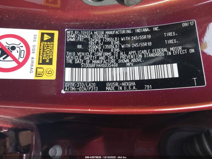 2017 Toyota Highlander Hybrid Limited Platinum VIN: 5TDDGRFH4HS035468 Lot: 43979826