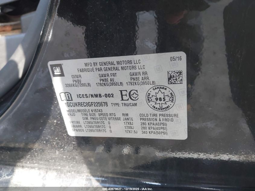 2016 Chevrolet Silverado 1500 1Lt VIN: 1GCUKREC8GF225678 Lot: 43979827