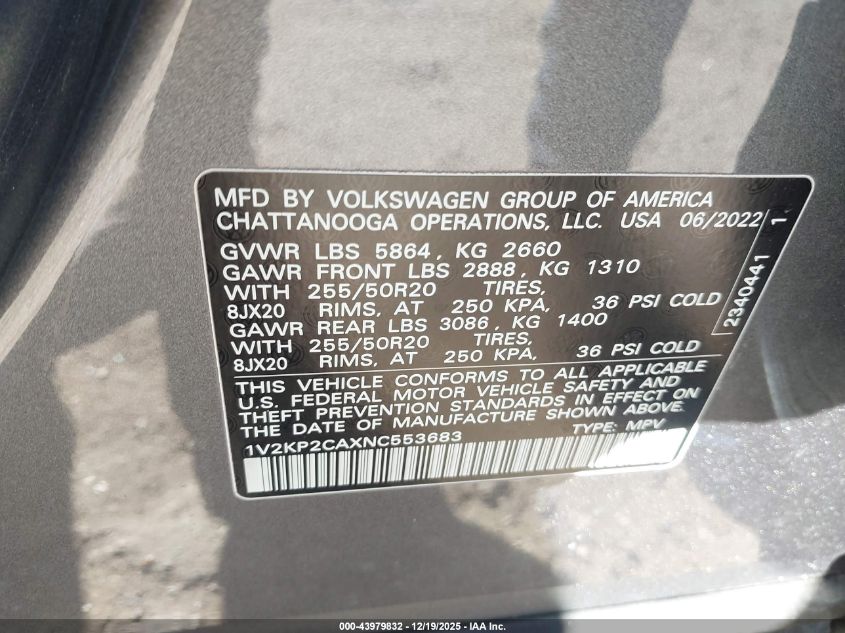 2022 Volkswagen Atlas 2.0T Se W/Technology VIN: 1V2KP2CAXNC553683 Lot: 43979832