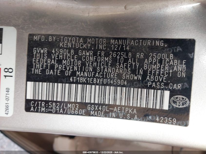 2015 Toyota Avalon Limited VIN: 4T1BK1EBXFU145904 Lot: 43979833