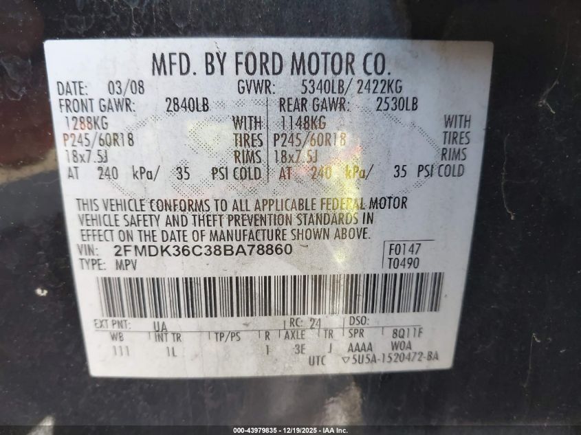 2008 Ford Edge Se VIN: 2FMDK36C38BA78860 Lot: 43979835