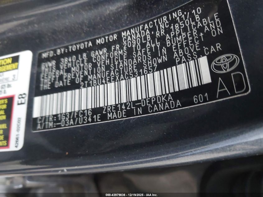 2010 Toyota Corolla Le VIN: 2T1BU4EEXAC531657 Lot: 43979836