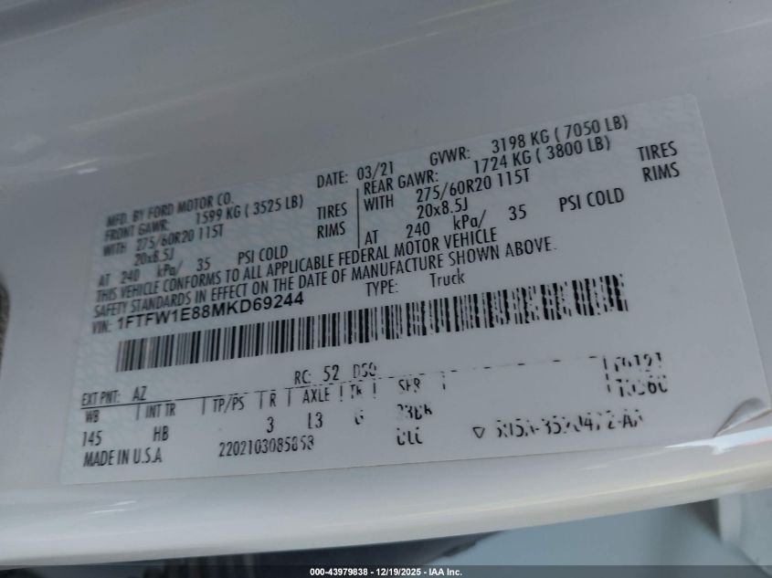 2021 Ford F-150 Lariat VIN: 1FTFW1E88MKD69244 Lot: 43979838
