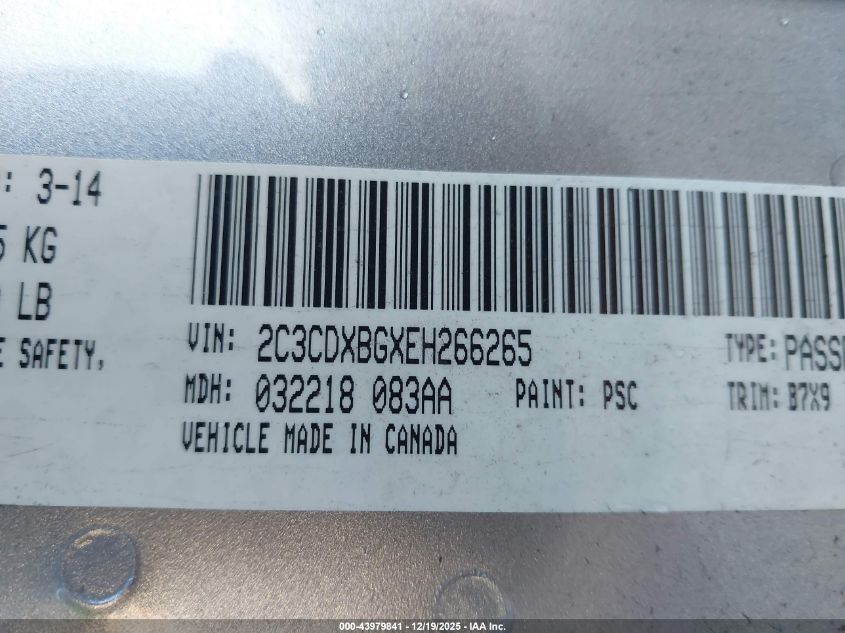 2014 Dodge Charger Se VIN: 2C3CDXBGXEH266265 Lot: 43979841