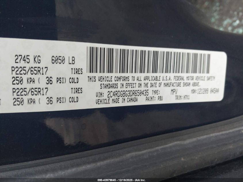 2013 Dodge Grand Caravan Se VIN: 2C4RDGBG3DR650435 Lot: 43979845