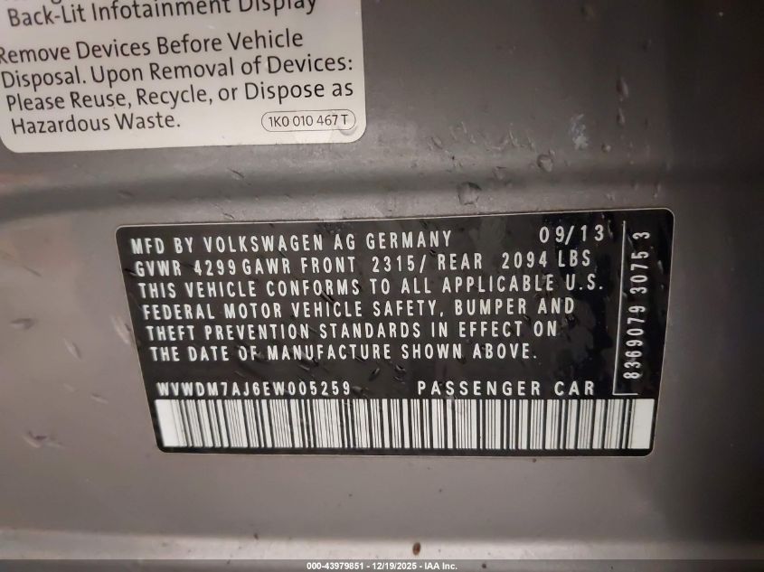 2014 Volkswagen Golf 2.0L Tdi VIN: WVWDM7AJ6EW005259 Lot: 43979851