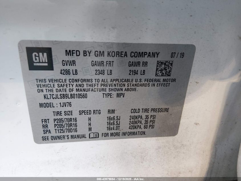 2020 Chevrolet Trax Fwd Lt VIN: KL7CJLSB9LB010560 Lot: 43979854