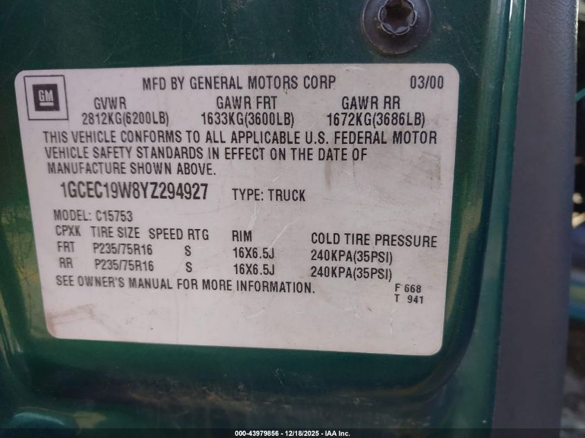 2000 Chevrolet Silverado 1500 VIN: 1GCEC19W8YZ294927 Lot: 43979856