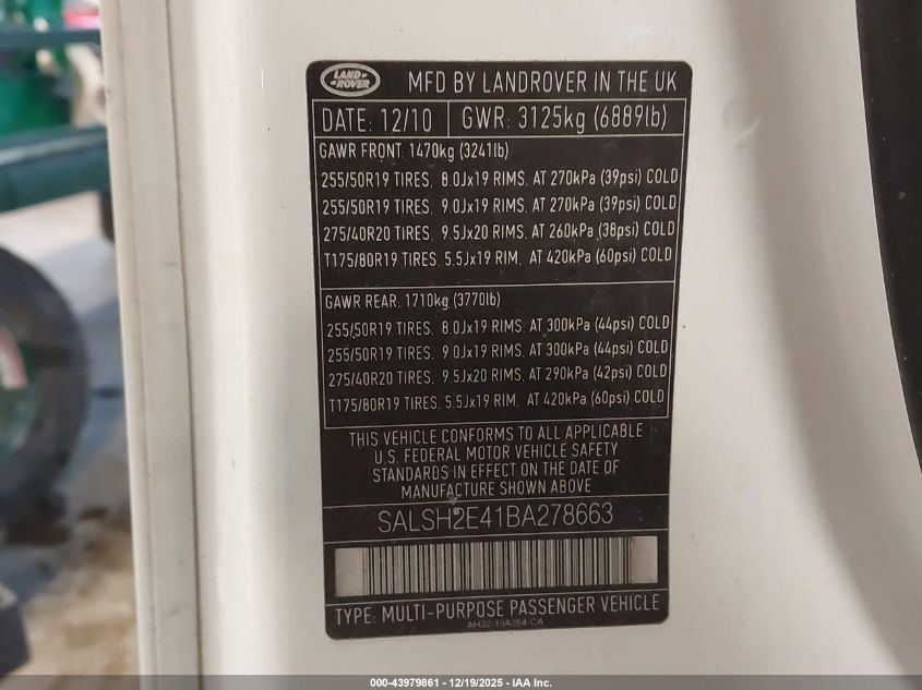 2011 Land Rover Range Rover Sport Supercharged VIN: SALSH2E41BA278663 Lot: 43979861