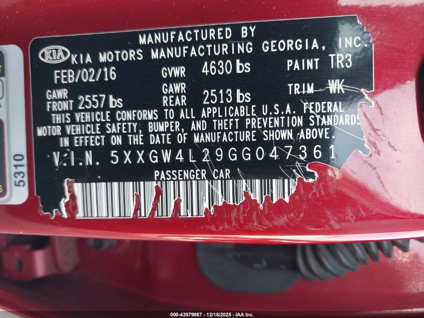 2016 Kia Optima Sx Turbo VIN: 5XXGW4L29GG047361 Lot: 43979867