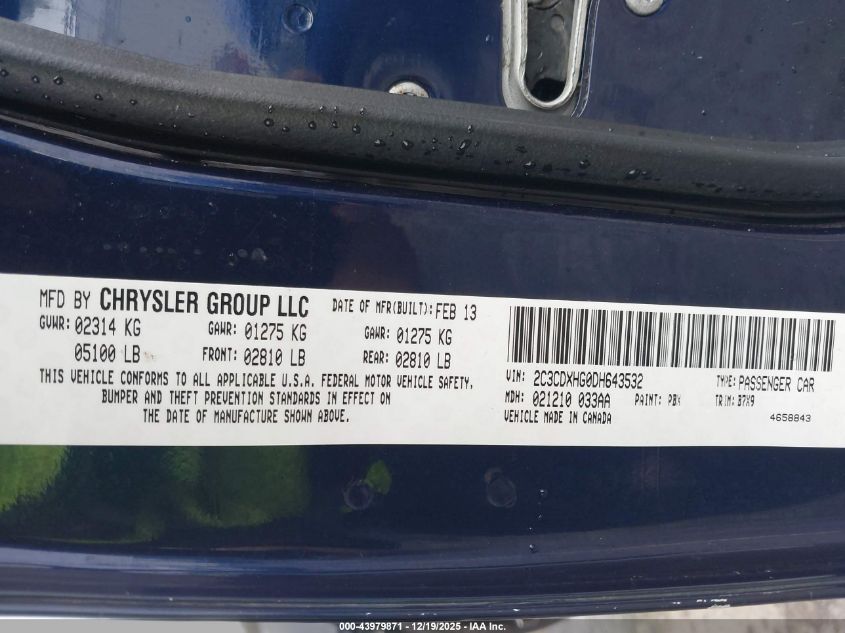 2013 Dodge Charger Sxt VIN: 2C3CDXHG0DH643532 Lot: 43979871