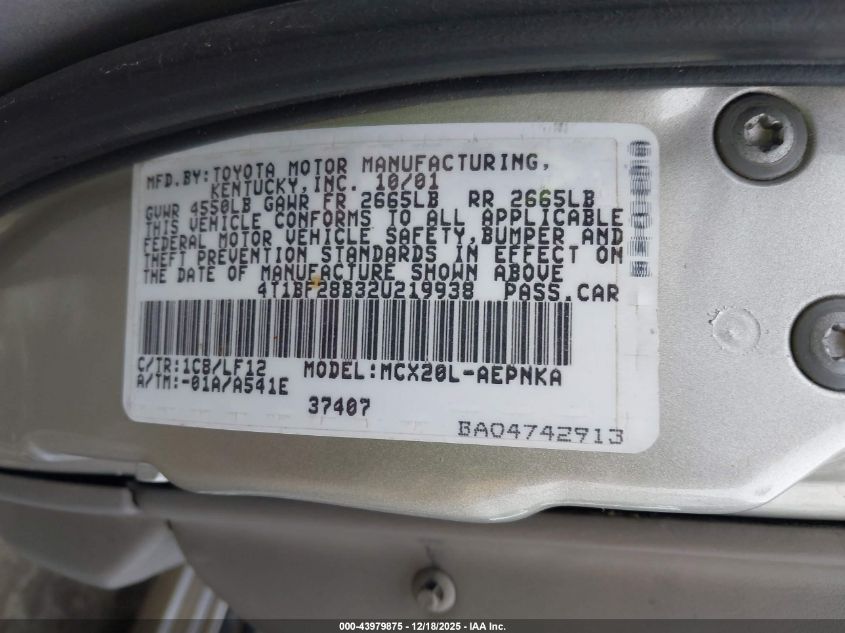 2002 Toyota Avalon Xl VIN: 4T1BF28B32U219938 Lot: 43979875