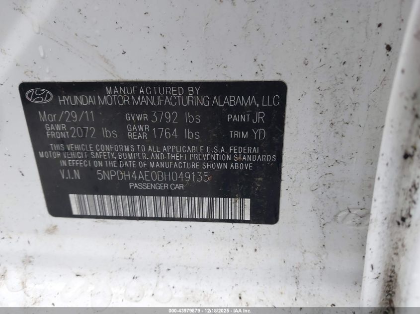 2011 Hyundai Elantra Limited VIN: 5NPDH4AE0BH049135 Lot: 43979879