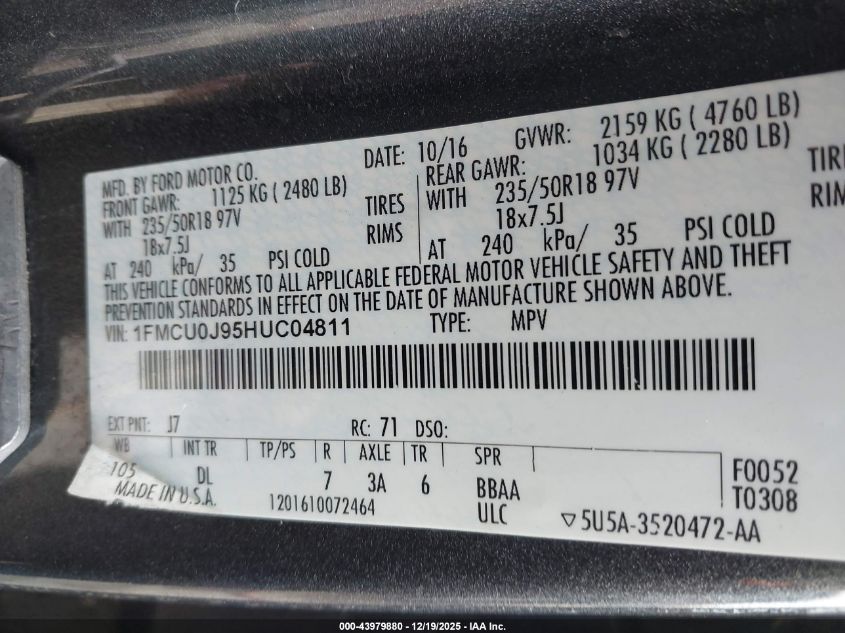 2017 Ford Escape Titanium VIN: 1FMCU0J95HUC04811 Lot: 43979880