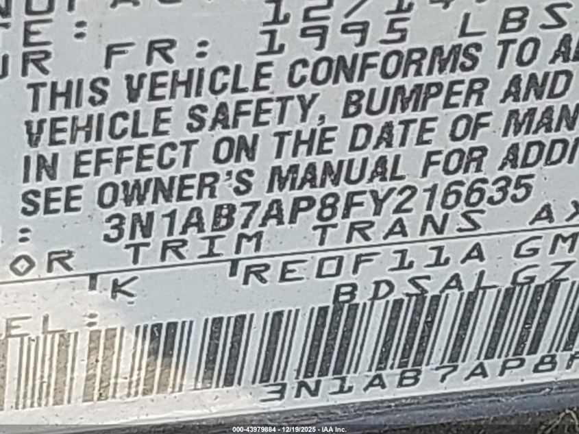 2015 Nissan Sentra Sl VIN: 3N1AB7AP8FY216635 Lot: 43979884