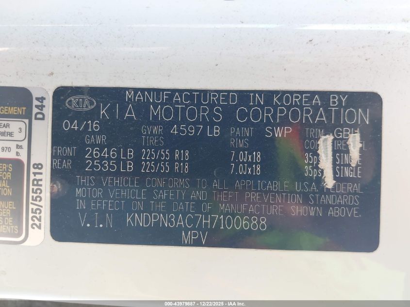 2017 Kia Sportage Ex VIN: KNDPN3AC7H7100688 Lot: 43979887