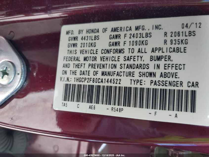2012 Honda Accord 2.4 Ex-L VIN: 1HGCP2F80CA144522 Lot: 43979888