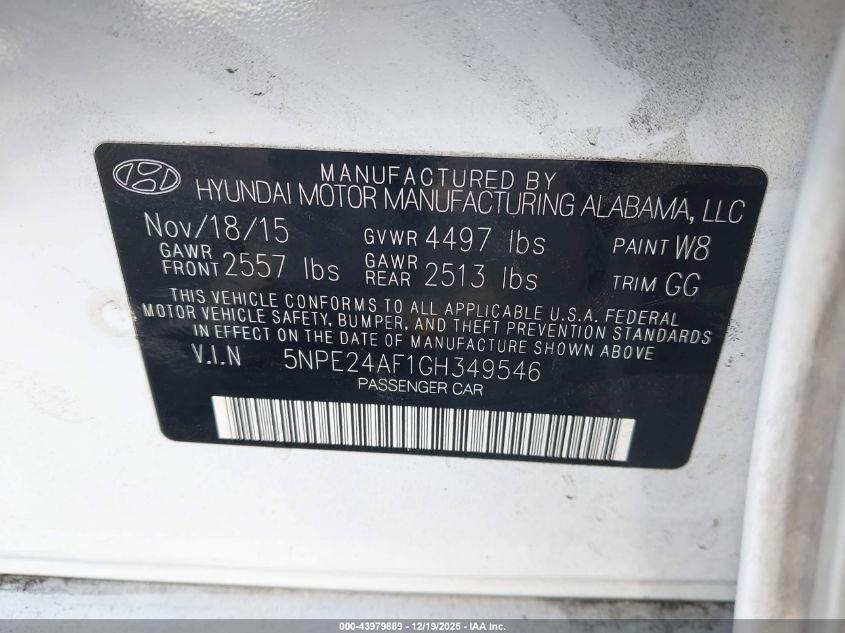 2016 Hyundai Sonata Se VIN: 5NPE24AF1GH349546 Lot: 43979889